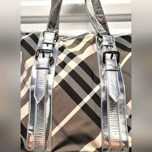 Burberry Silver Beat Check Nylon and Patent Leather Victoria Tote